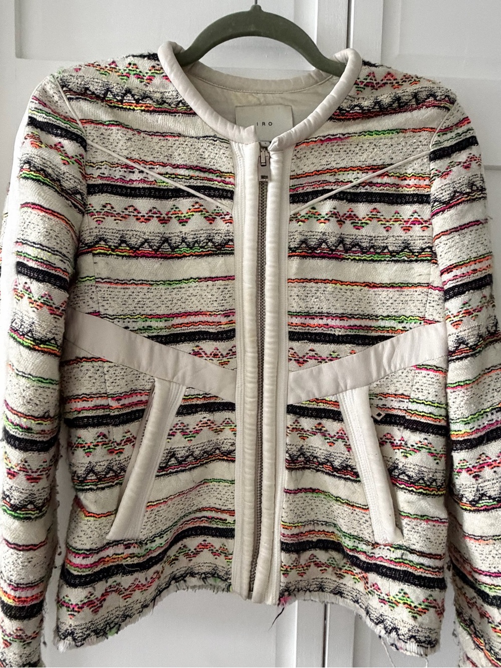 IRO Elomi Cream Tweed Moto Jacket Silk Leather Trim Neon _ French designer